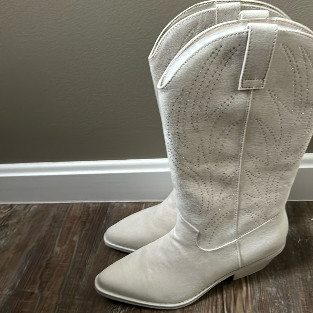New white suede cowgirl boots with gemstone detail